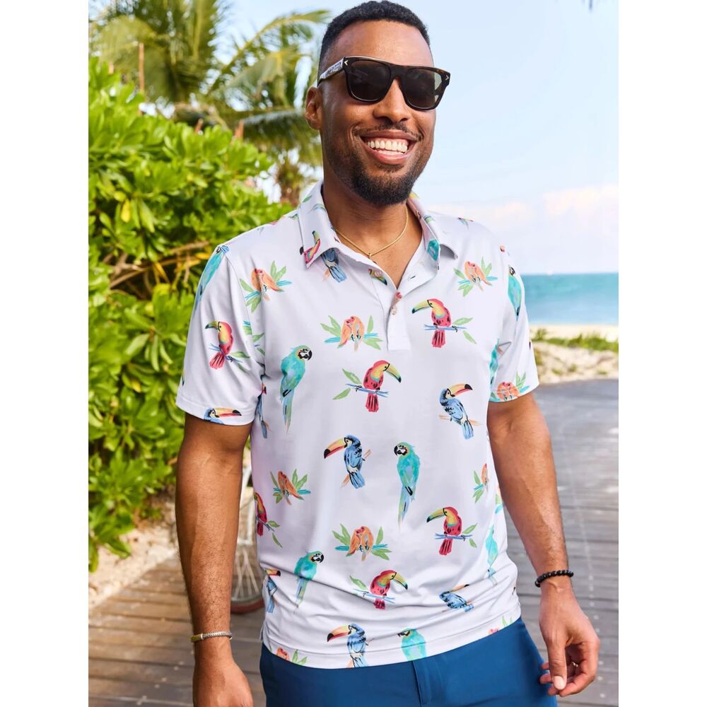 Chubbies White Parrots The Dude Where's Macaw Polo Shirt Mens Size Large